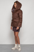 Купить Зимняя женская куртка модная с капюшоном коричневого цвета 133105K, фото 6