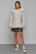 Купить Куртка зимняя женская модная с мехом бежевого цвета 133120B