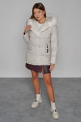 Купить Куртка зимняя женская модная с мехом бежевого цвета 133120B, фото 10
