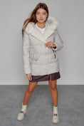 Купить Куртка зимняя женская модная с мехом бежевого цвета 133120B, фото 11