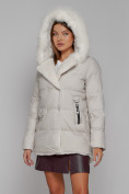 Купить Куртка зимняя женская модная с мехом бежевого цвета 133120B, фото 7