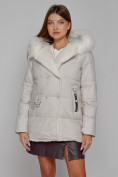 Купить Куртка зимняя женская модная с мехом бежевого цвета 133120B, фото 8