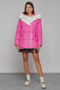 Купить Куртка зимняя женская модная с мехом розового цвета 133120R