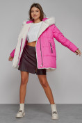 Купить Куртка зимняя женская модная с мехом розового цвета 133120R, фото 12