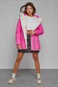 Купить Куртка зимняя женская модная с мехом розового цвета 133120R, фото 15