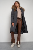 Купить Пальто утепленное с капюшоном зимнее женское темно-серого цвета 133125TC, фото 13