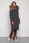 Купить Пальто утепленное с капюшоном зимнее женское темно-серого цвета 133125TC, фото 3