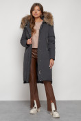 Купить Пальто утепленное с капюшоном зимнее женское темно-серого цвета 133125TC, фото 6