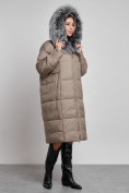 Купить Пальто утепленное с чернобуркой зимнее женское коричневого цвета 133156K, фото 11