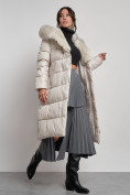 Купить Пальто утепленное с капюшоном и мехом зимнее женское бежевого цвета 133203B, фото 2
