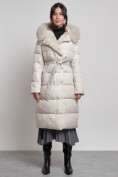 Купить Пальто утепленное с капюшоном и мехом зимнее женское бежевого цвета 133203B, фото 3