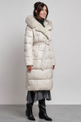 Купить Пальто утепленное с капюшоном и мехом зимнее женское бежевого цвета 133203B, фото 5