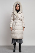 Купить Пальто утепленное с капюшоном и мехом зимнее женское бежевого цвета 133203B, фото 7