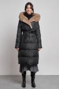 Купить Пальто утепленное с капюшоном и мехом зимнее женское черного цвета 133203Ch, фото 14