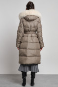 Купить Пальто утепленное с капюшоном и мехом зимнее женское коричневого цвета 133203K, фото 5