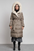 Купить Пальто утепленное с капюшоном и мехом зимнее женское коричневого цвета 133203K, фото 6