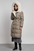 Купить Пальто утепленное с капюшоном и мехом зимнее женское коричневого цвета 133203K, фото 7