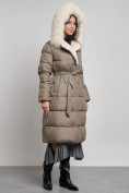 Купить Пальто утепленное с капюшоном и мехом зимнее женское коричневого цвета 133203K, фото 8