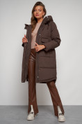 Купить Пальто утепленное с капюшоном зимнее женское коричневого цвета 133208K, фото 16
