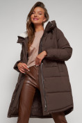 Купить Пальто утепленное с капюшоном зимнее женское коричневого цвета 133208K, фото 19