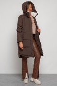 Купить Пальто утепленное с капюшоном зимнее женское коричневого цвета 133208K, фото 21