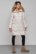 Купить Пальто утепленное с капюшоном зимнее женское бежевого цвета 13332B, фото 2