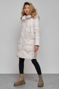Купить Пальто утепленное с капюшоном зимнее женское бежевого цвета 13332B, фото 3