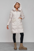 Купить Пальто утепленное с капюшоном зимнее женское бежевого цвета 13332B, фото 8