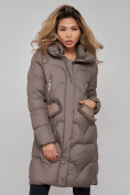 Купить Пальто утепленное с капюшоном зимнее женское коричневого цвета 13332K, фото 12