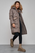 Купить Пальто утепленное с капюшоном зимнее женское коричневого цвета 13332K, фото 19
