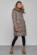 Купить Пальто утепленное с капюшоном зимнее женское коричневого цвета 13332K, фото 2