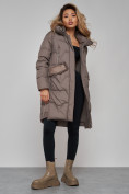 Купить Пальто утепленное с капюшоном зимнее женское коричневого цвета 13332K, фото 20
