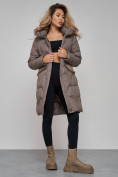 Купить Пальто утепленное с капюшоном зимнее женское коричневого цвета 13332K, фото 22