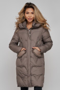 Купить Пальто утепленное с капюшоном зимнее женское коричневого цвета 13332K, фото 4