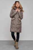 Купить Пальто утепленное с капюшоном зимнее женское коричневого цвета 13332K, фото 5