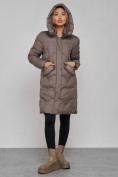 Купить Пальто утепленное с капюшоном зимнее женское коричневого цвета 13332K, фото 6
