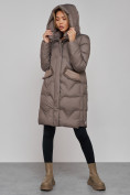 Купить Пальто утепленное с капюшоном зимнее женское коричневого цвета 13332K, фото 7