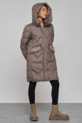 Купить Пальто утепленное с капюшоном зимнее женское коричневого цвета 13332K, фото 8