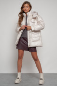 Купить Куртка зимняя женская модная с капюшоном бежевого цвета 13338B, фото 12