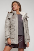 Купить Куртка зимняя женская модная с капюшоном светло-коричневого цвета 13338SK, фото 18