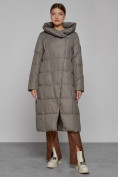 Купить Пальто утепленное с капюшоном зимнее женское коричневого цвета 13363K