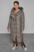 Купить Пальто утепленное с капюшоном зимнее женское коричневого цвета 13363K, фото 11