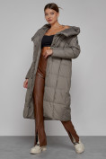 Купить Пальто утепленное с капюшоном зимнее женское коричневого цвета 13363K, фото 12
