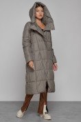 Купить Пальто утепленное с капюшоном зимнее женское коричневого цвета 13363K, фото 6