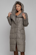 Купить Пальто утепленное с капюшоном зимнее женское коричневого цвета 13363K, фото 7