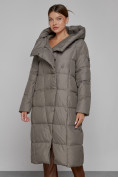 Купить Пальто утепленное с капюшоном зимнее женское коричневого цвета 13363K, фото 8