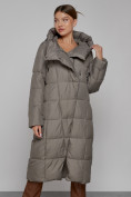 Купить Пальто утепленное с капюшоном зимнее женское коричневого цвета 13363K, фото 9