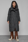 Купить Пальто утепленное с капюшоном зимнее женское темно-серого цвета 13363TC