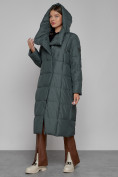Купить Пальто утепленное с капюшоном зимнее женское темно-зеленого цвета 13363TZ, фото 5