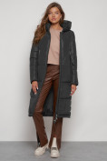 Купить Пальто утепленное с капюшоном зимнее женское темно-серого цвета 13816TC, фото 10